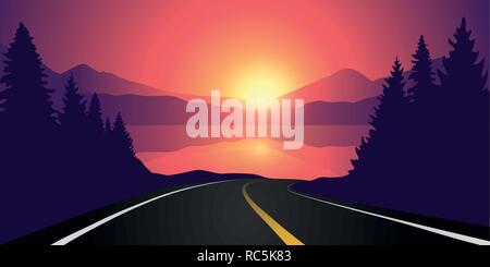 road to the lake in the forest at sunrise with mountain landscape vector illustration EPS10 Stock Vector