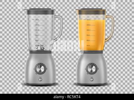 Set of Realistic Juicer blender. Kitchen blender with orange juice and empty, drink 3d mixer isolated. vector illustration Stock Vector