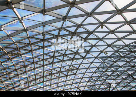 Moscow, Russia, May 13, 2018 Zaryadye park in the center of Moscow. Triangular pattern of transparent glass modern roof Stock Photo