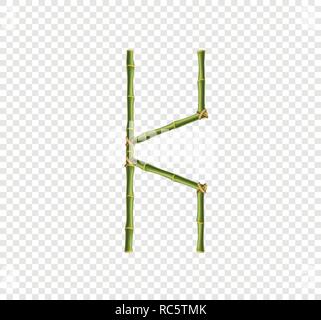Vector bamboo alphabet. Capital letter K made of realistic green bamboo sticks poles isolated on transparent background. Abc concept for creating word Stock Vector