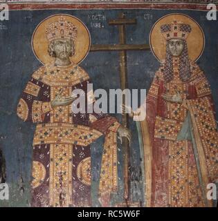 Exaltation of the Cross. Saints Constantine the Great and Helena. Museum: Gracanica Monastery, Kosovo. Author: ANONYMOUS. Stock Photo