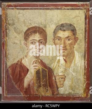 Portrait of the baker Terentius Neo and his wife. Museum: Museo Archeologico Nazionale di Napoli. Author: Roman-Pompeian wall painting. Stock Photo