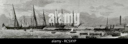 Norte de Africa. Egipto. Alejandría. Embarque de tropas egipcias (Imperio Otomano) destinadas a la Guerra Ruso-Turca (1877-1878), en la zona de los Balcanes, Serbia, el 10 de julio de 1876. La Ilustración Española y Americana, 15 de agosto de 1876. Biblioteca Histórico Militar de Barcelona. Cataluña, España. Stock Photo