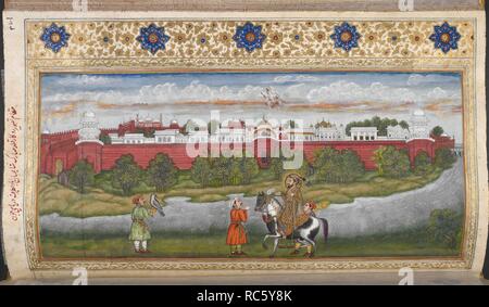 The palace of Shahjahan at Delhi, showing Shahjahan himself in the foreground and the Jami' Masjid on the left. Amal-i Salih, a history of Shahjahan by Muhammad Salih Kanbu. 1800 - 1830. Source: Add. 20735, f.186v. Language: Persian. Stock Photo