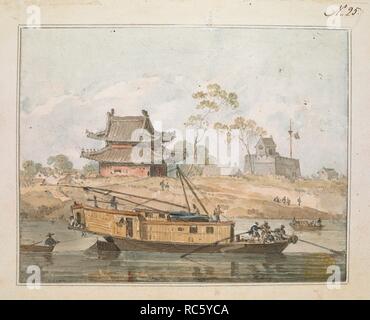 View of Chinese Temple. Figures on a houseboat on a river in the foreground, with two-tiered pagoda, turret and cottages built on the bank of the river in the background. Pasted on mount with washline.  Described as 'View of a Bonzes Temple and an accomodation boat'.  . [A collection of eighty views, maps, portraits and drawings illustrative of the Embassy sent to China under George, Earl of Macartney, in 1793; drawn chiefly by William Alexander, some by Sir John Barrow, Bart., some by Sir Henry Woodbine Parish, and one by William Gomm. Many of them are engraved in Sir George Staunton's Narrat Stock Photo