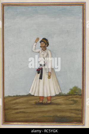 A bard. Bhat, a mixed caste of hereditary panegyrists; represented by a bard. Tashrih al-aqvam, an account of origins and occupations of some of the sects, castes and tribes of India. Written at Hansi Cantonment, Hissar District, eighty-five miles north-west of Delhi for Colonel James Skinner. 1825. Source: Add. 27255, f.129v. Language: Persian. Author: ANON. Stock Photo