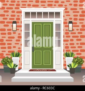 House door front with doorstep and steps, lamp, flowers in pots, building entry facade, exterior entrance with brick wall design illustration vector i Stock Vector
