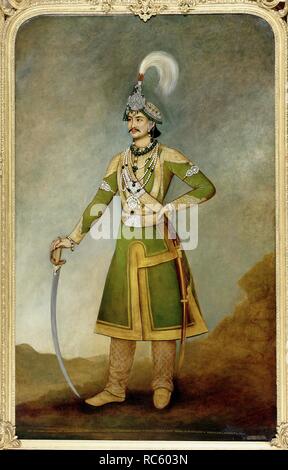 H.E. General Sir Jang Bahadur Kunwar Rana (1817-77), Prime Minister and Commander-in-Chief of Nepal. The General stands gazing towards the left. He wears a long, shaped coat of green and gold, and brocaded trousers of a reddish colour. His right hand is placed upon the hilt of his drawn sabre; his left rests upon his hip. He wears bracelets, armlets and necklaces, resplendent with jewels and pearls; on his jewelled headdress is a flowing bird of paradise plume. . 1849. Oil painting. 94 by 58 ins (239 x 147 cms). Source: Foster 36. Author: Bhaujaman Citrakar. Stock Photo