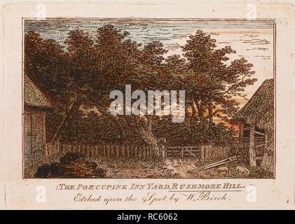 The Porcupine Inn Yard, Rushmore Hill. Pigs and rubble in a yard; a wagon beneath a barn to the right; a building to the left; trees in the background; hand-colored to represent a sunset. The Porcupine Inn Yard, Rushmore Hill. [London], [before 1794]. Source: Maps K.top.30.14. Stock Photo