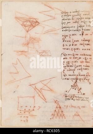 Folio f 45v. Codex Madrid II (Ms. 8936) 'Treaty of fortification, statics and geometry'. 158 folios with 316 pages. Internal format: 210 x 145 mm. CIVIL ENGINEERING, CONSTRUCTION. MILITARY ENGINEERING, FORTIFICATIONS. MATHEMATICS. MATH OPERATIONS, ACCOUNTING NOTES. PRINCIPLES OF MECHANICS, CINEMATICS, DYNAMICS. Museum: BIBLIOTECA NACIONAL DE ESPAÑA, MADRID. Author: LEONARDO DA VINCI. Stock Photo