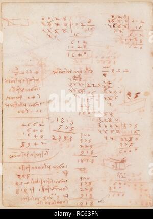 Folio f 33v. Codex Madrid II (Ms. 8936) 'Treaty of fortification, statics and geometry'. 158 folios with 316 pages. Internal format: 210 x 145 mm. CIVIL ENGINEERING, CONSTRUCTION. MILITARY ENGINEERING, FORTIFICATIONS. MATH OPERATIONS, ACCOUNTING NOTES. Museum: BIBLIOTECA NACIONAL DE ESPAÑA, MADRID. Author: LEONARDO DA VINCI. Stock Photo