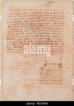 Folio f 126v. Codex Madrid II (Ms. 8936) 'Treaty of fortification, statics and geometry'. 158 folios with 316 pages. Internal format: 210 x 145 mm. FABLES, RIDDLES. CIVIL ENGINEERING, CONSTRUCTION. OBSERVATION OF NATURE. MATH OPERATIONS, ACCOUNTING NOTES. PRINCIPLES OF MECHANICS, CINEMATICS, DYNAMICS. Museum: BIBLIOTECA NACIONAL DE ESPAÑA, MADRID. Author: LEONARDO DA VINCI. Stock Photo