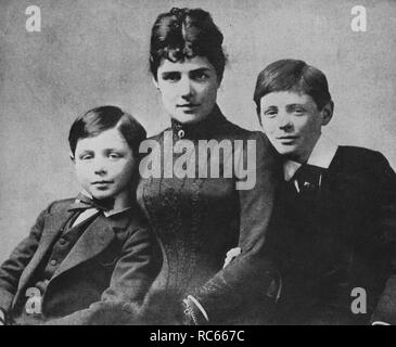 Winston Churchill's Mother with her two sons, Jack and Winston. 1889. Stock Photo