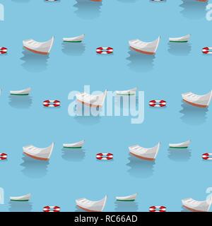 Seamless pattern of boats in the blue sea and lifebuoy 10 eps Stock Vector