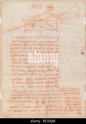 Folio f 32v. Codex Madrid II (Ms. 8936) 'Treaty of fortification, statics and geometry'. 158 folios with 316 pages. Internal format: 210 x 145 mm. MATH OPERATIONS, ACCOUNTING NOTES. CIVIL ENGINEERING, CONSTRUCTION. MILITARY ENGINEERING, FORTIFICATIONS. UNITS OF WEIGHT AND MEASURES. PRINCIPLES OF MECHANICS, CINEMATICS, DYNAMICS. Museum: BIBLIOTECA NACIONAL DE ESPAÑA, MADRID. Author: LEONARDO DA VINCI. Stock Photo