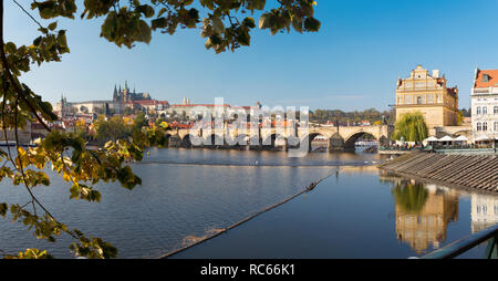 Prague - The Charles Bridge, Castle and Cathedral from promenade over the  Vltava river. Stock Photo
