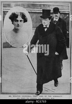 Winston Churchill, first Lord of the Admiralty, as he appeared in 'Tatler' on 12th August 1914 with inset photograph of his wife Clementine Stock Photo