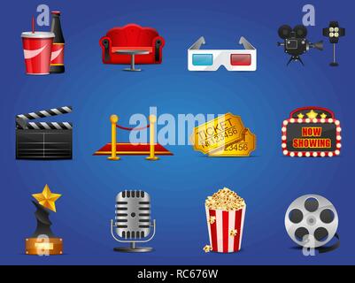 Set of cinema theater and movie icons for mobile app or decor Stock Vector