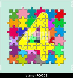 number 4 is composed of pieces of multi-colored puzzles Stock Vector