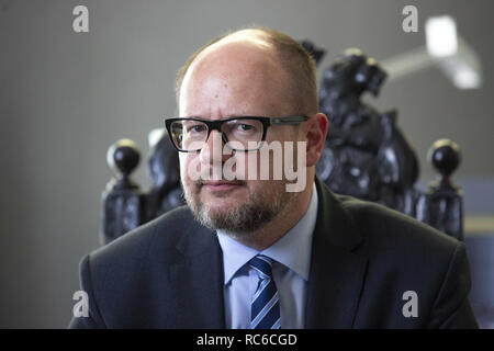 Gdansk, Poland. 18th May, 2018. (Editors Note: File Photo) Mayor of Gdansk Pavel Adamovich in his office during an interview in May 2018. A man carrying a knife rushed to a charity event in Gdansk where the mayor was attending and wounded him on 13 January 2019. Credit: Igor Russak/SOPA Images/ZUMA Wire/Alamy Live News Stock Photo