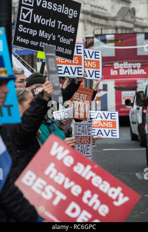 London, UK. 14th Jan 2019. Leave and Pro EU Remain supporters outside Houses of Parliament, London, UK 14th January 2019 Pro Remain suppoorters try to gather last ditch support against Brexit ahead of tomorrow's meaningful vote where Members of Parliament will approve or reject Theresa May's controversial plan. However, last month the prime minister dramatically called off the 'meaningful vote', in the face of what had been expected to be a significant defeat at the hands of rebel MPs. Credit: Jeff Gilbert/Alamy Live News Stock Photo