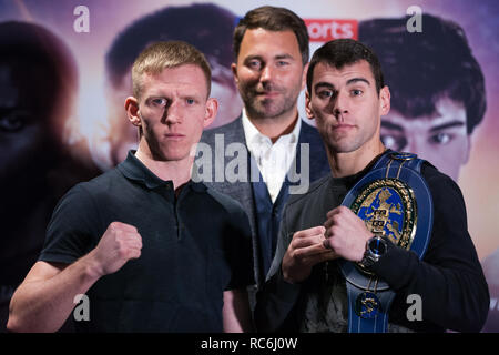 London, UK. 14th January, 2019. Boxing promoter Eddie Hearn (c) stands with Ted Cheeseman (l) and Sergio Garcia (r) at a press conference to promote their 12x3 mins European Super-Welterweight Championship fight at the 02 on 2nd February. Credit: Mark Kerrison/Alamy Live News Stock Photo