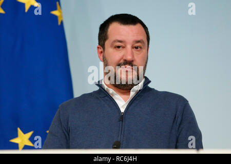Rome, Italy. 14th January, 2019. Matteo Salvini  Rome January 14th 2019. Press conference of the Minister of the Internal Affairs, of the Premier and of the Minister of Justice. Foto Samantha Zucchi Insidefoto Credit: insidefoto srl/Alamy Live News Stock Photo