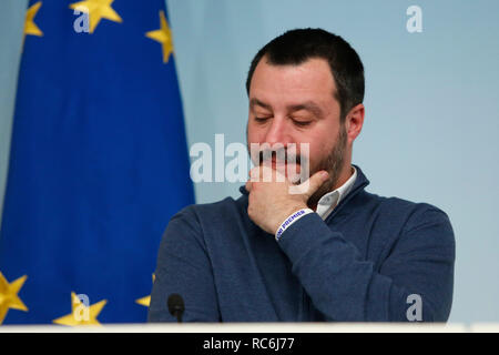 Rome, Italy. 14th January, 2019. Matteo Salvini  Rome January 14th 2019. Press conference of the Minister of the Internal Affairs, of the Premier and of the Minister of Justice. Foto Samantha Zucchi Insidefoto Credit: insidefoto srl/Alamy Live News Stock Photo
