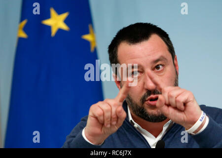 Rome, Italy. 14th January, 2019. Matteo Salvini  Rome January 14th 2019. Press conference of the Minister of the Internal Affairs, of the Premier and of the Minister of Justice. Foto Samantha Zucchi Insidefoto Credit: insidefoto srl/Alamy Live News Stock Photo