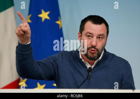 Rome, Italy. 14th January, 2019. Matteo Salvini  Rome January 14th 2019. Press conference of the Minister of the Internal Affairs, of the Premier and of the Minister of Justice. Foto Samantha Zucchi Insidefoto Credit: insidefoto srl/Alamy Live News Stock Photo