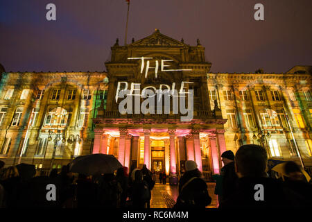 Birmingham, UK. 14th January, 2019. Birmingham celebrates its 130-year existence as a UK city with a dance performance and digital projection onto the city's Council House facade. Stock Photo