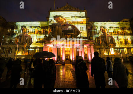 Birmingham, UK. 14th January, 2019. Birmingham celebrates its 130-year existence as a UK city with a dance performance and digital projection onto the city's Council House facade. Stock Photo