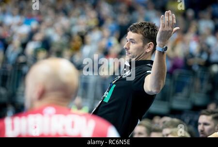 15 January 2019, Berlin: Handball: WM, Russia - Germany, preliminary round, group A, 3rd matchday. Germany coach Christian Prokop observes the game of his team. Photo: Kay Nietfeld/dpa Stock Photo