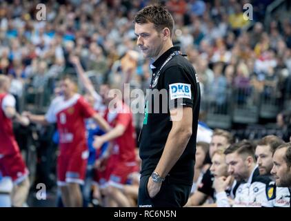 15 January 2019, Berlin: Handball: WM, Russia - Germany, preliminary round, group A, 3rd matchday. Germany coach Christian Prokop observes the game of his team. Photo: Kay Nietfeld/dpa Stock Photo