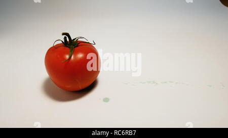 tomato gmo on a white background and hand writing written fake made of newspaper pieces Stock Photo