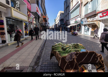 Cobblestone pavement, Khayyam street, The pavement shops, West Azerbaijan province, Urmia, Iran Stock Photo