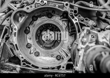 Close-up broken automatic transmission on an old car prepared for repair in a car repair shop Stock Photo