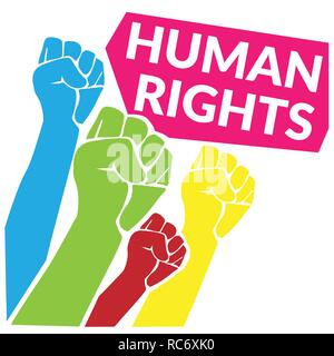 Human Rights concept. colorful of human fist hand raise up to the sky with quotes tag Human Rights. vector illustration Stock Vector