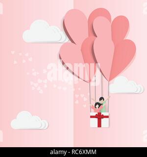 vector of love and Happy Valentines day. origami design elements cut paper made hot air balloon flying with love couple inside basket and heart float  Stock Vector