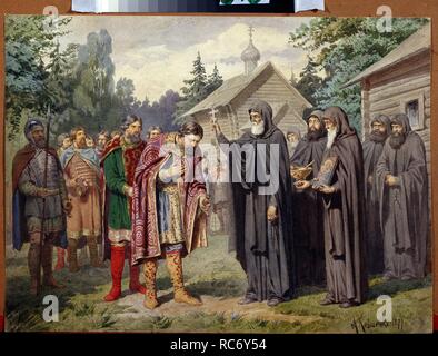 Grand Duke Dmitry Donskoy visiting Sergius of Radonezh before the Battle on the Snipes' Field on 1380. Museum: State Central Navy Museum, St. Petersburg. Author: Kivshenko, Alexei Danilovich. Stock Photo