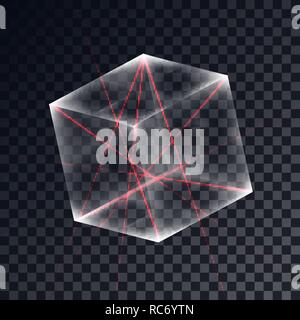 Transparent Cube. Abstract red laser beam. Vector illustration. Stock Vector