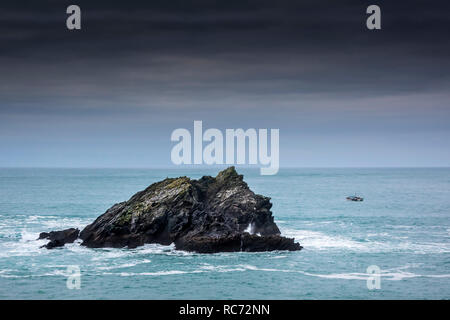 The small rocky Island called The Goose off the coast of Newquay in Cornwall. Stock Photo