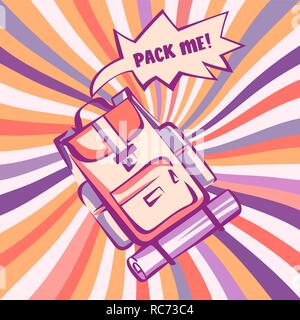 Backpacking, retro stylized illustration. Backpack with comic speech explosion and vintage colorful rays in pop art style. Vector image Stock Vector
