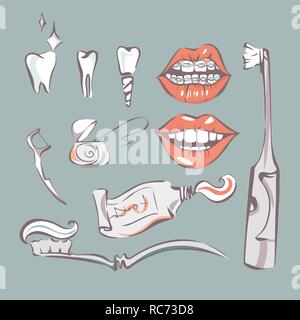Vecor set of dental toothcare illustrations in retro style. Isolated objects for dentistry and orthodontics design. Tooth care tools, toothbrush and t Stock Vector