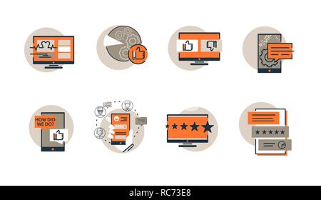 Vector set of SEO targeting, performance, monitoring icons. Search and review analysis results icons. E commerce marketing and support cervice icons.  Stock Vector