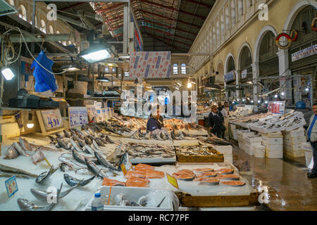 Fresh fish on ice at a stall at the Athens food market Stock Photo