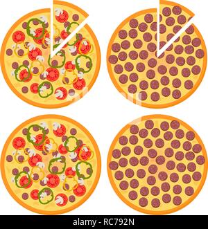 Set of Fresh pizza with tomatoes, cheese, mushrooms and Pepperoni Pizza, top view. Raster Illustration Stock Photo