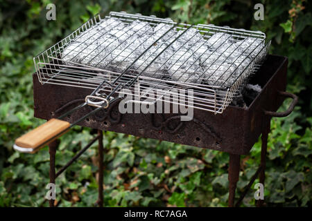 Baking potatoes in foil on the grill, outdoor cooking Stock Photo