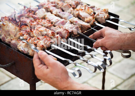 Shashlik or shashlyk (meaning skewered meat) was originally made of lamb.  Nowadays it is also made of pork or beef depending on local preferences and  Stock Photo - Alamy