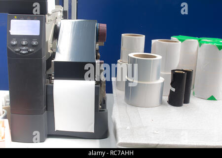 Barcode printer and barcode label with ribbon Stock Photo